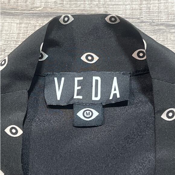 Veda 100% Silk Open Tie Front Duster Eye AOP Print Size Medium Goth Grunge Top - Picture 4 of 9
